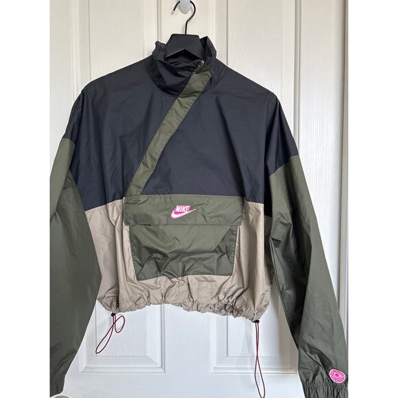 Nike Jacket Womens Large NSW Icon Clash Pullover Windbreaker Black Khaki Anorak - Picture 1 of 7